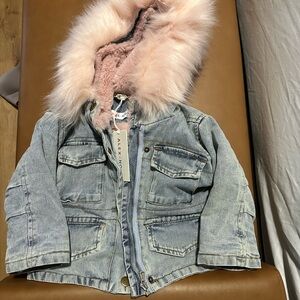 Kids Denim Jacket with Pink Fur Hood